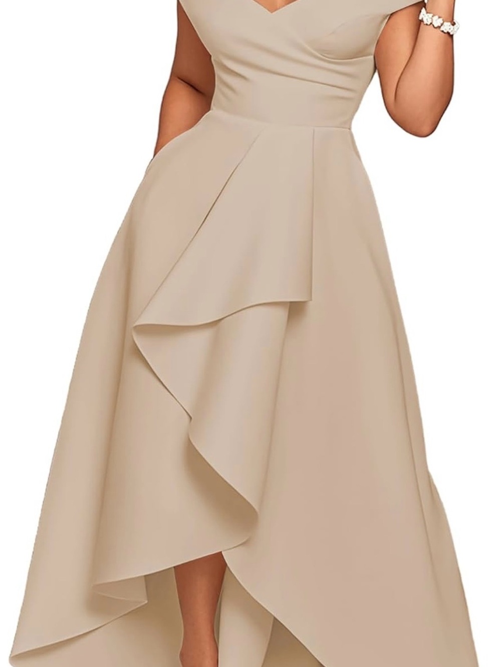 Elegant V-Neck High-Low Evening Dress in Beige
